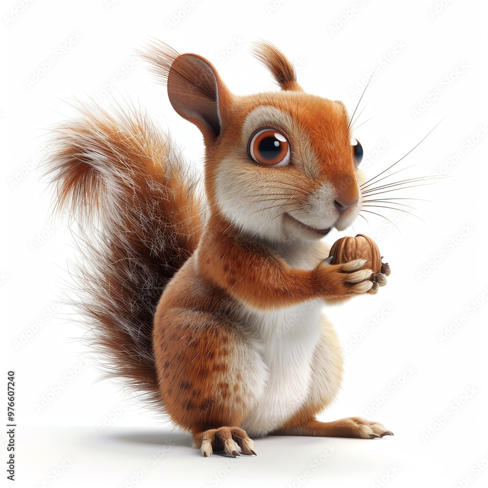 Obraz premium 3D illustration of an adorable squirrel holding a nut, isolate on white background, front view, bright lighting, bushy tail and cute expression