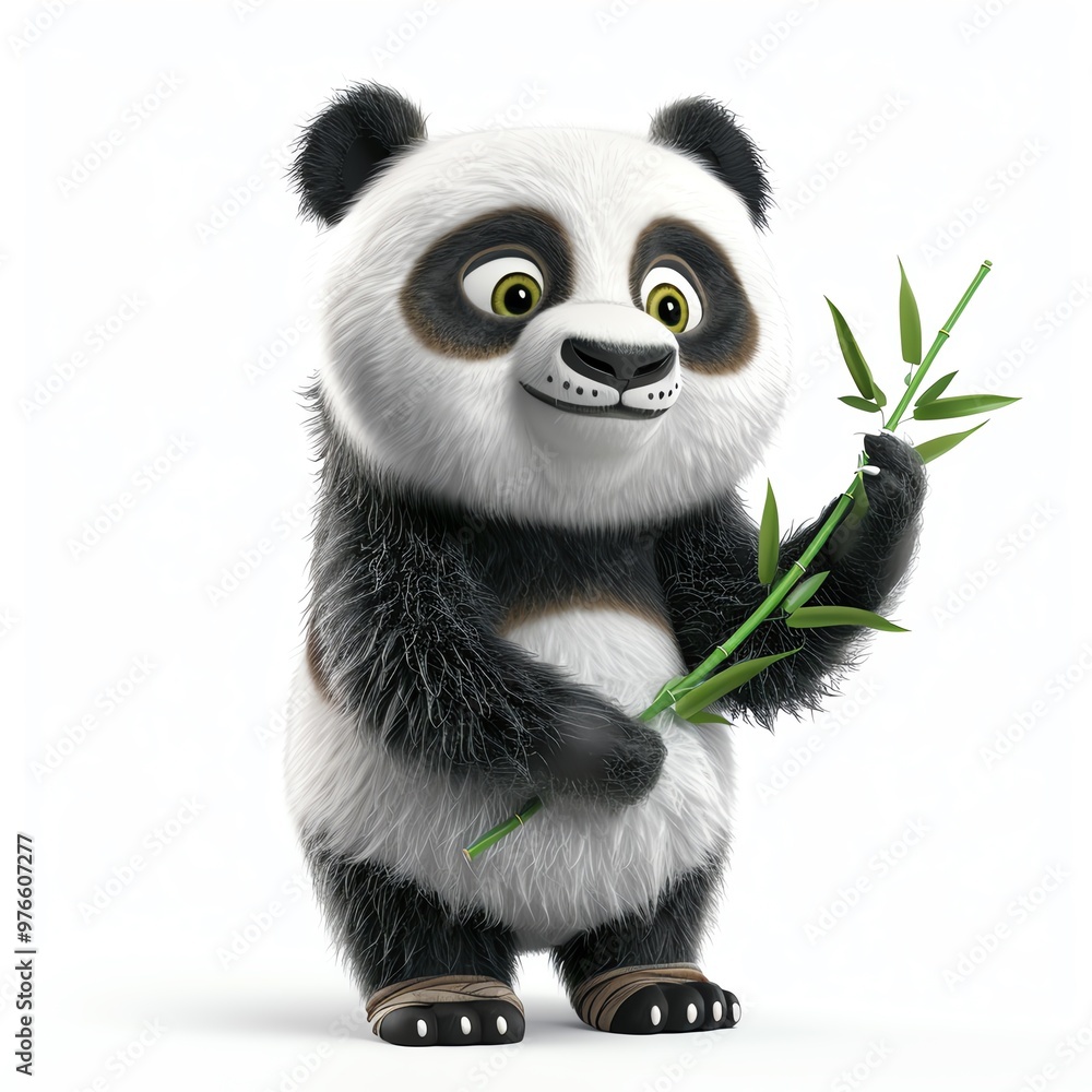 3D illustration of an adorable panda holding a bamboo shoot, isolate on white background, side view, bright lighting, realistic fur and bamboo texture 3D illustration of an adorable panda holding a bamboo shoot, isolate on white background, side view, bright lighting, realistic fur and bamboo texture