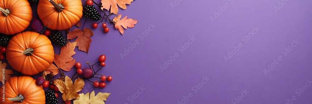 Minimalist Halloween flat lay with pumpkins, autumn leaves, and berries on a purple background Minimalist Halloween flat lay with pumpkins, autumn leaves, and berries on a purple background
