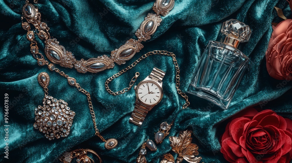 Luxury Accessories on Green Velvet with Roses Luxury Accessories on Green Velvet with Roses