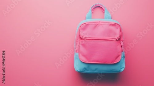 Blue school bag a stationery place or working briefcase copy space solid background