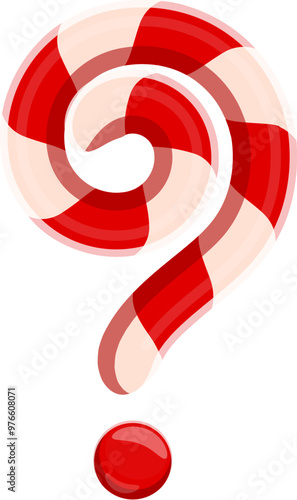 Question mark styled as a candy cane in red and white stripes, merry Christmas font, xmas alphabet, cartoon winter holiday type, festive typeface symbol. Cartoon vector vibrant punctuation sign, glyph