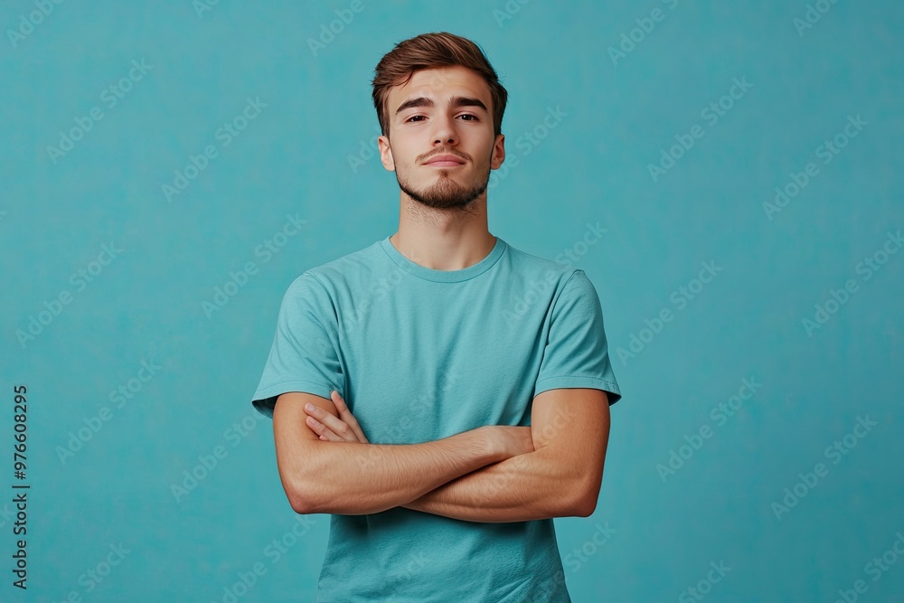 wears t-shirt casual clothes hold hands crossed folded looking camera isolated on plain color background studio portrait. Lifestyle concept, ai wears t-shirt casual clothes hold hands crossed folded looking camera isolated on plain color background studio portrait. Lifestyle concept, ai