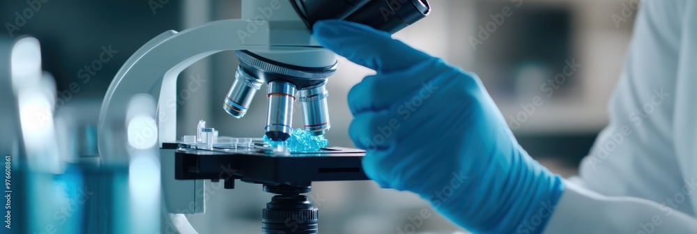 A scientist wearing gloves is examining a sample under a microscope in a laboratory environment, highlighting the meticulous nature of scientific analysis and research. A scientist wearing gloves is examining a sample under a microscope in a laboratory environment, highlighting the meticulous nature of scientific analysis and research.