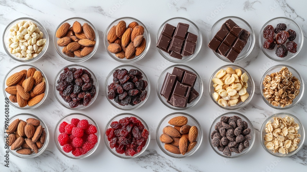 Obraz premium Healthy Snack Food Ingredients in Bowls on Marble Table