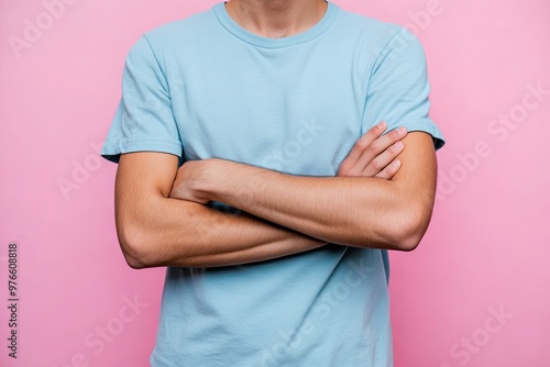 wears t-shirt casual clothes hold hands crossed folded looking camera isolated on plain color background studio portrait. Lifestyle concept, ai