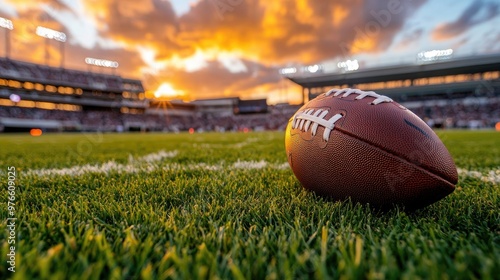 football resting in the center of the field with the stadium in the background