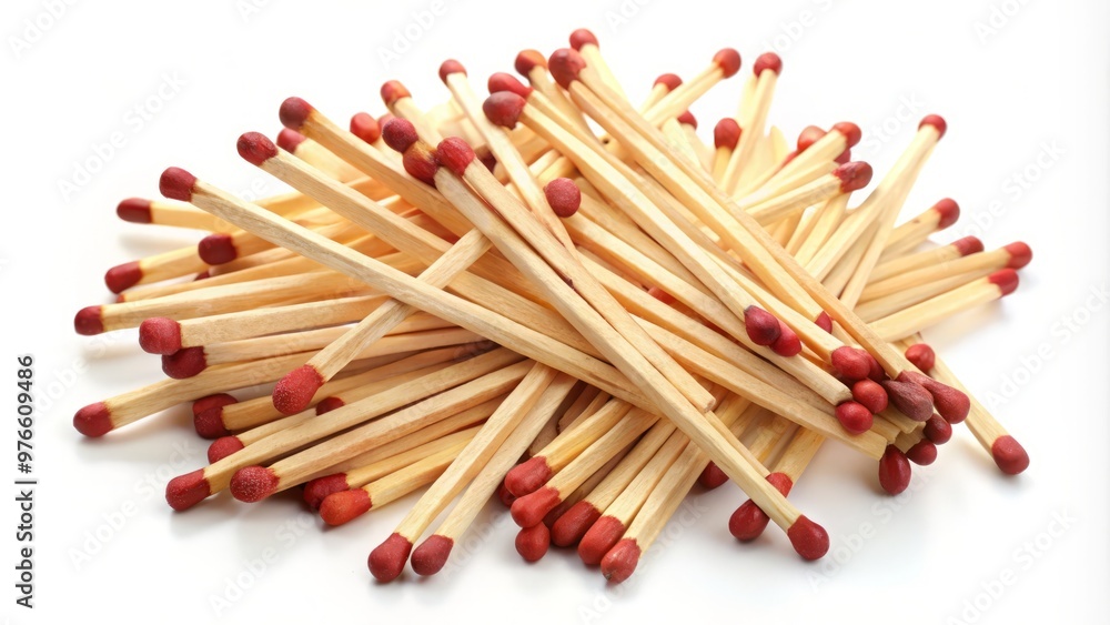 A bundle of unlit wooden matchsticks is arranged neatly on a plain white surface, awaiting a spark to A bundle of unlit wooden matchsticks is arranged neatly on a plain white surface, awaiting a spark to