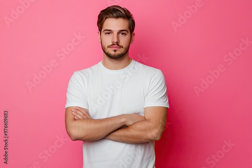 wears t-shirt casual clothes hold hands crossed folded looking camera isolated on plain color background studio portrait. Lifestyle concept, ai