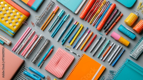 Colorful School Supplies and Stationery Flat Lay on Grey Background