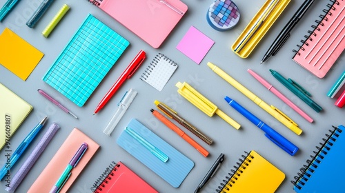 Colorful Stationery Flat Lay Pens Notebooks and Accessories