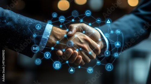 Business professionals in a smart formal suit, shaking hands with each other, with neon hologram illustration of business icons around, connectivity