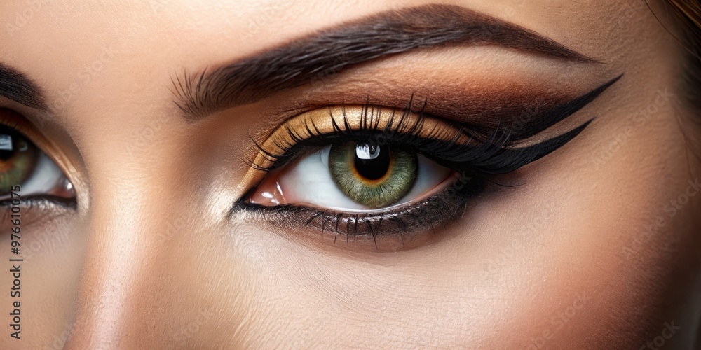 Fototapeta premium A close-up of a female eye features a diverse range of permanent eyeliner styles, from subtle cat eyes