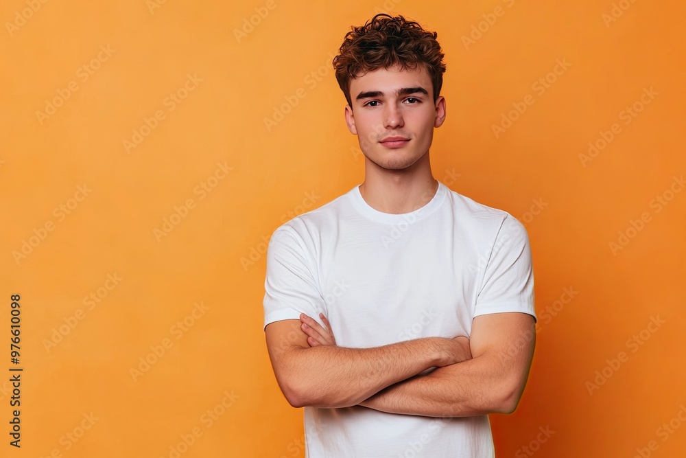 wears t-shirt casual clothes hold hands crossed folded looking camera isolated on plain color background studio portrait. Lifestyle concept, ai wears t-shirt casual clothes hold hands crossed folded looking camera isolated on plain color background studio portrait. Lifestyle concept, ai