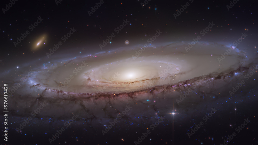 Fototapeta premium A photo of a galaxy with a bright core, surrounded by a halo of stars. The background contains a few distant galaxies. The overall image has a blue tint.