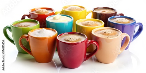 A colorful arrangement of coffee cups overflows with a variety of frothy drinks, all displayed against a clean