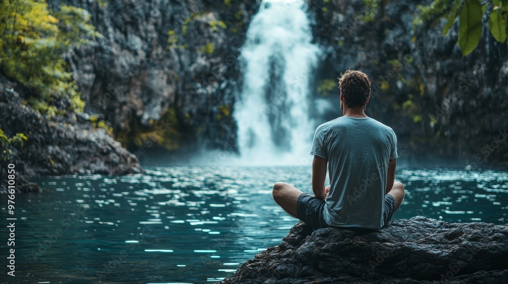 Man Meditating by Waterfall in Lush Tropical Landscape Man Meditating by Waterfall in Lush Tropical Landscape