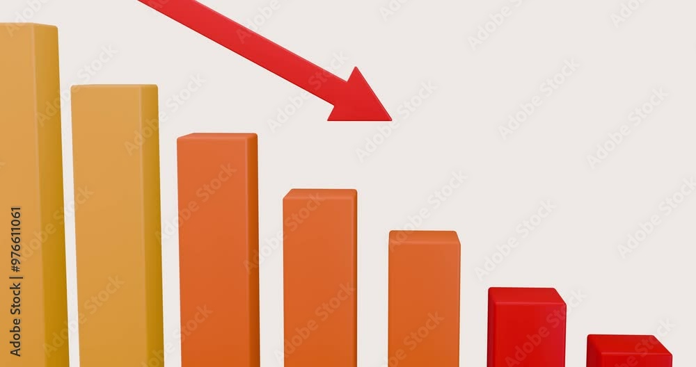 3d bar graph with down arrow, slowing business, slowing economy, low sales, losing customers 3d bar graph with down arrow, slowing business, slowing economy, low sales, losing customers