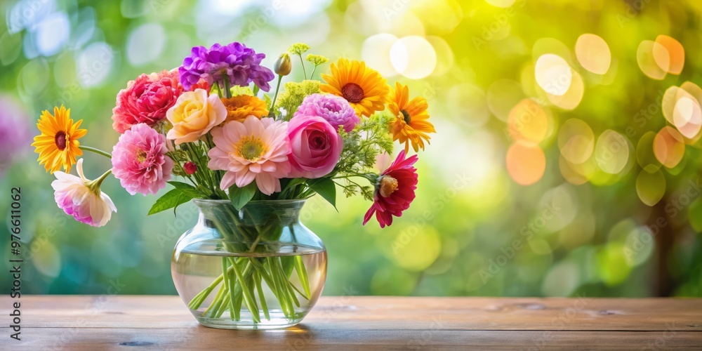 A delicate glass vase cradles an arrangement of vibrant flowers, their petals softly illuminated against a dreamy A delicate glass vase cradles an arrangement of vibrant flowers, their petals softly illuminated against a dreamy