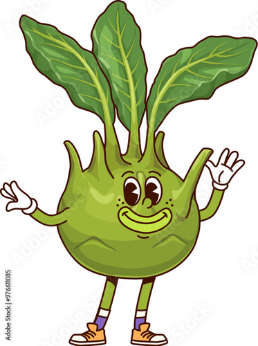 Groovy kohlrabi cabbage vegetable character. Vector ripe veggie, retro fun and quirky healthy vitamin food personage with a cheerful face, green leaves, gloves, and sneakers, striking a playful pose