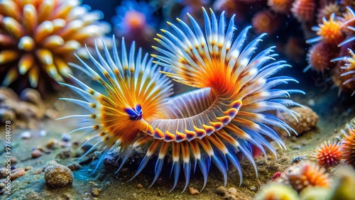 A marine worm with delicate, feather-like gills stretches its sinuous body out of its burrow on the rocky photo