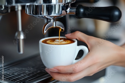 photo coffee machine pouring coffee in a white cup, see detailed female hands that will drop the cup into a coffee machine, white interior of the cafe