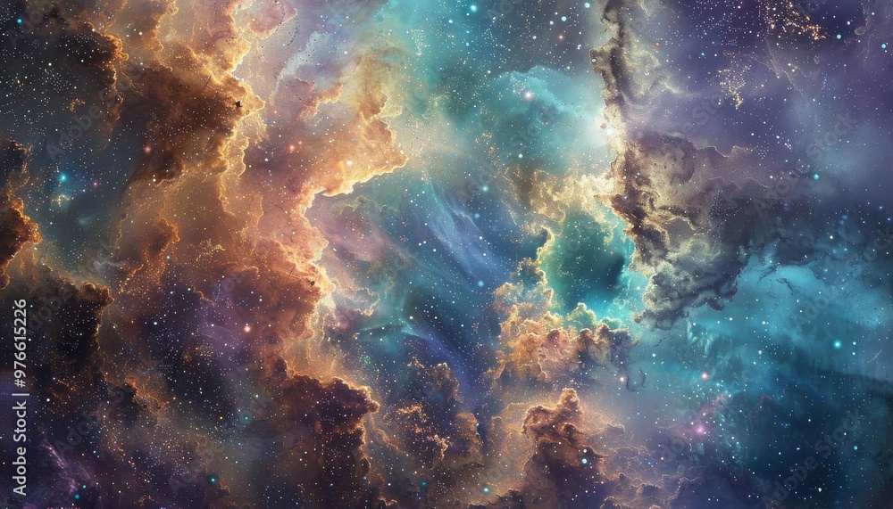 Fototapeta premium Cosmic Nebula, a vibrant display of swirling gases illuminated by starlight, showcasing the intricate beauty of the universes vast, colorful formations.