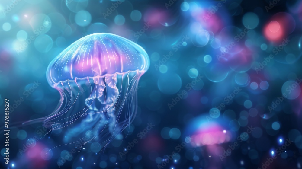 Fototapeta premium Ethereal Jellyfish Floating in Bioluminescent Waters, delicate tendrils trailing in shimmering hues of blue and pink, creating an enchanting underwater spectacle.
