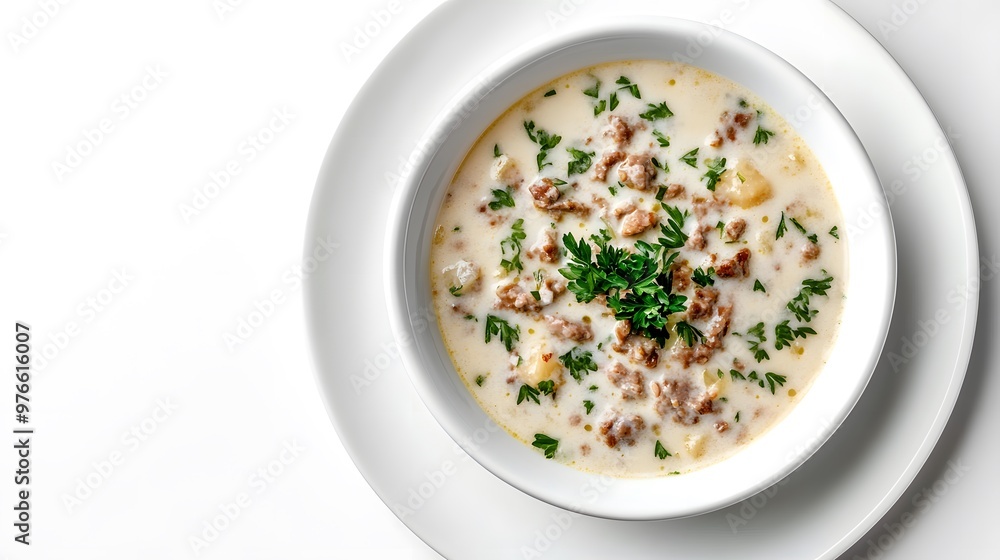 Creamy potato soup with ground meat and fresh parsley in white bowl Creamy potato soup with ground meat and fresh parsley in white bowl