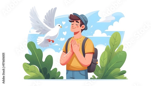 young man praying with flying white dove pigeon flat vector illustration isolated on white background