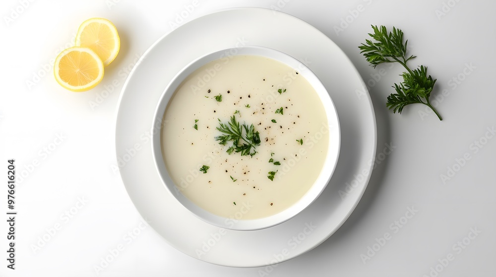 Creamy potato soup in white bowl with fresh herbs and lemon slices on white background Creamy potato soup in white bowl with fresh herbs and lemon slices on white background