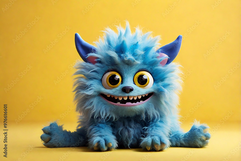 Funny blue fluffy monster with big eyes on yellow background Funny blue fluffy monster with big eyes on yellow background