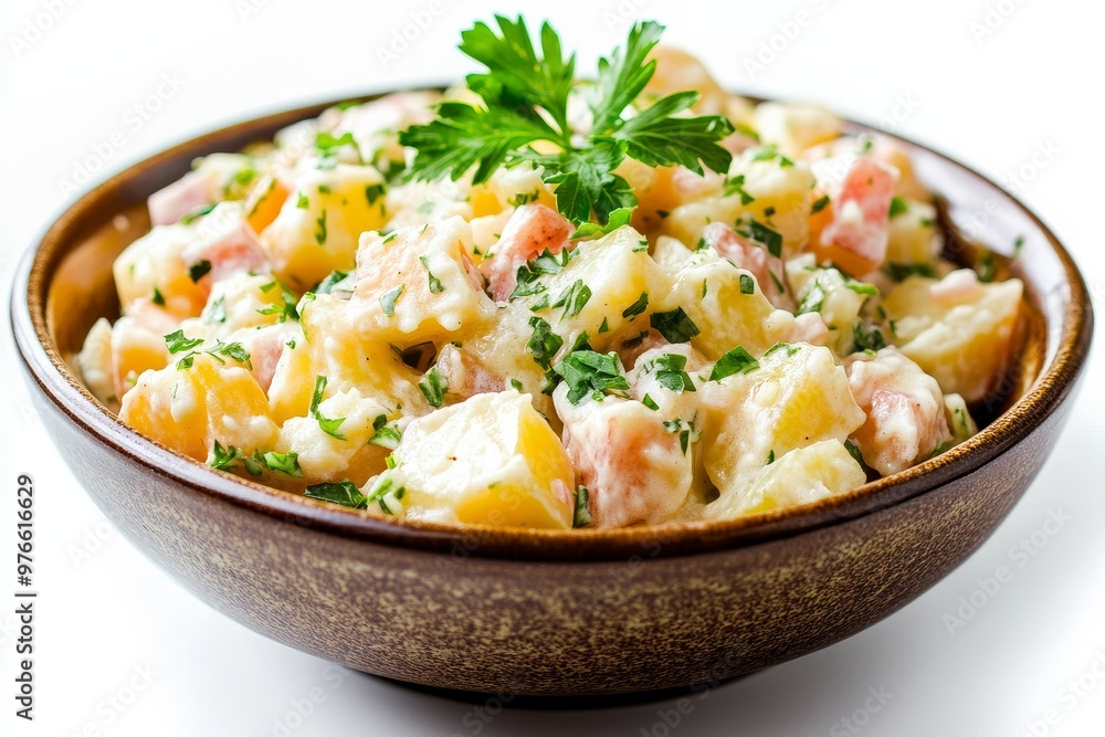 A bowl of traditional German potato salad, featuring diced potatoes, creamy dressing, and fresh parsley for a vibrant touch. A bowl of traditional German potato salad, featuring diced potatoes, creamy dressing, and fresh parsley for a vibrant touch.
