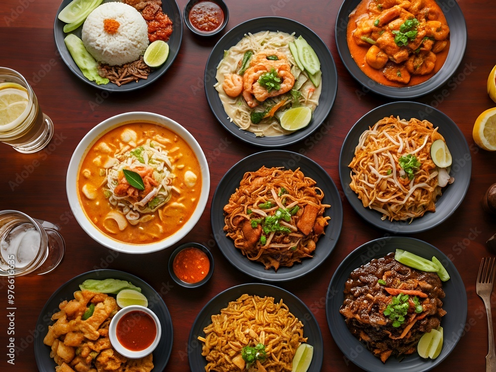 An array of various dishes displayed on a table, featuring noodles, rice, curries, and garnishes in different bowls and plates. An array of various dishes displayed on a table, featuring noodles, rice, curries, and garnishes in different bowls and plates.