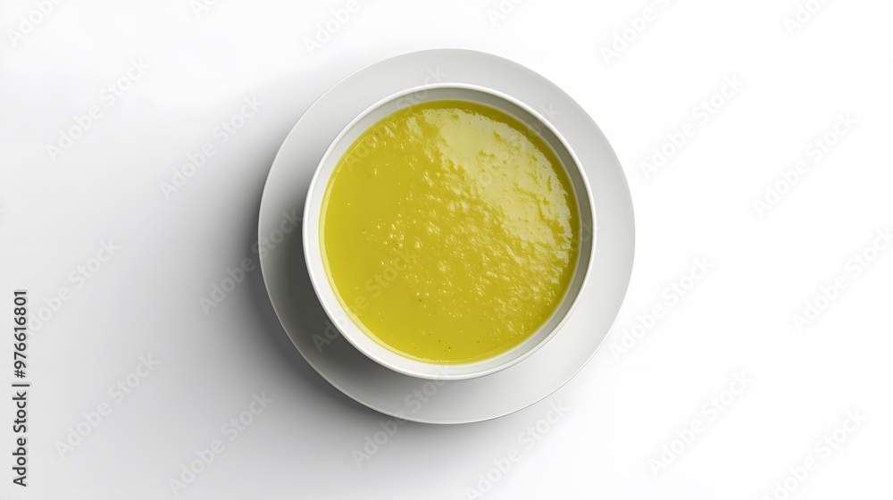Delicious creamy broccoli soup in white bowl on minimalist background Delicious creamy broccoli soup in white bowl on minimalist background