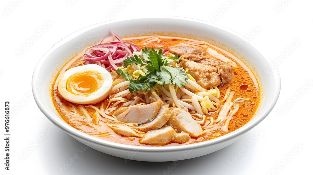 Delicious bowl of spicy chicken ramen with egg and fresh vegetables Delicious bowl of spicy chicken ramen with egg and fresh vegetables