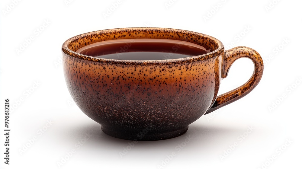 A brown speckled cup filled with dark liquid, likely coffee or tea. A brown speckled cup filled with dark liquid, likely coffee or tea.