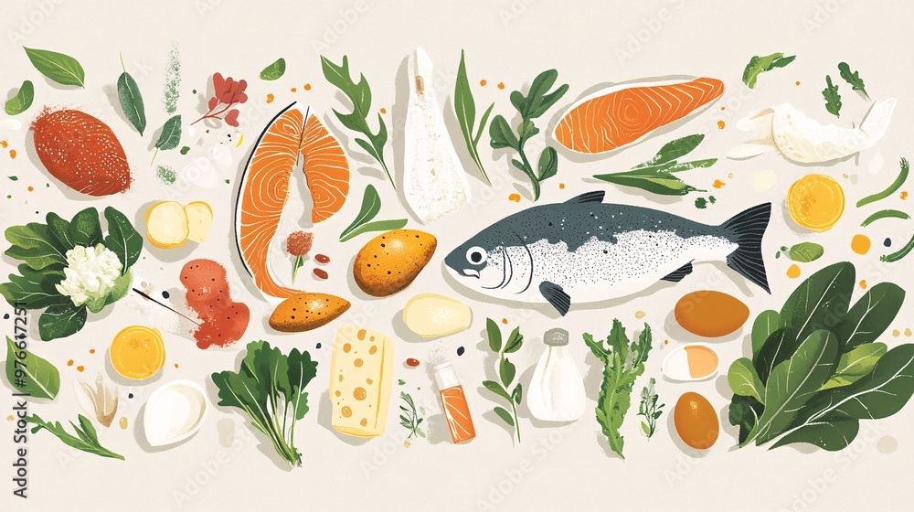 61. Generative AI illustration depicting a variety of natural sources of Vitamin B12, including fish, eggs, dairy, and leafy greens, arranged aesthetically on a light background 61. Generative AI illustration depicting a variety of natural sources of Vitamin B12, including fish, eggs, dairy, and leafy greens, arranged aesthetically on a light background