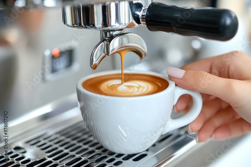 photo coffee machine pouring coffee in a white cup, see detailed female hands that will drop the cup into a coffee machine, white interior of the cafe