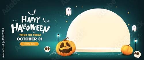 Happy Halloween poster banner night scene with product display and copy space Halloween pumpkin smiley face and festive decoration for Trick or Treat Celebrations, Holiday Parties.