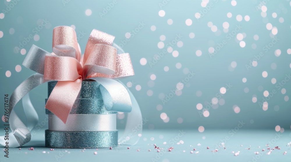 Elegant gift box adorned with shimmering ribbons, surrounded by sparkling confetti, creating a festive atmosphere perfect for celebrations and special occasions. Elegant gift box adorned with shimmering ribbons, surrounded by sparkling confetti, creating a festive atmosphere perfect for celebrations and special occasions.
