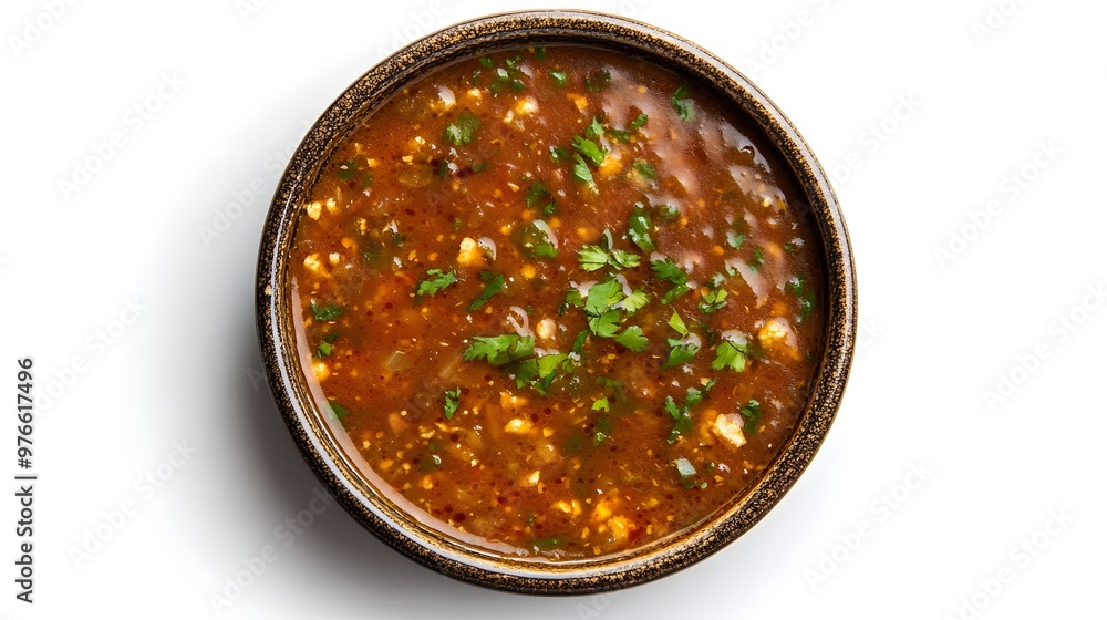 Rustic spicy salsa bowl with fresh cilantro garnish Rustic spicy salsa bowl with fresh cilantro garnish