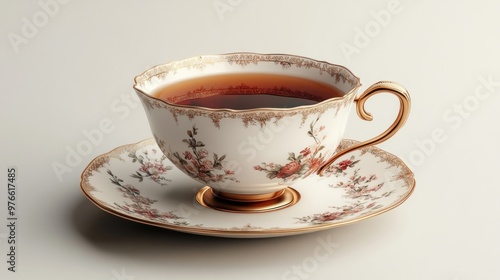 Elegant tea cup with saucer, filled with brewed tea.