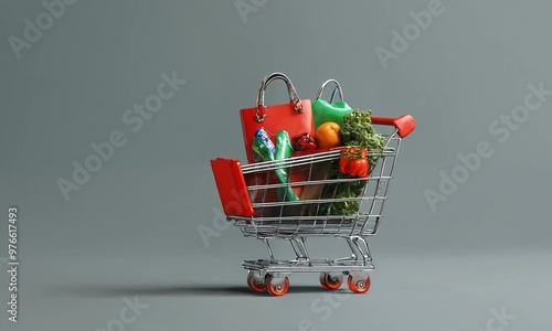 Online shopping concept - trolley cart full of presents. Black Friday and Ciber Mondey. photo