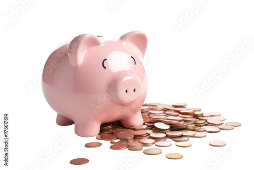 A pink ceramic piggy bank filled with coins, with a few coins scattered around, isolated on white background