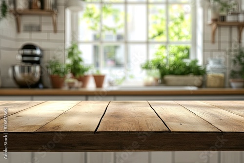 Brown wood table top over blurred kitchen counter interior background with window  ai