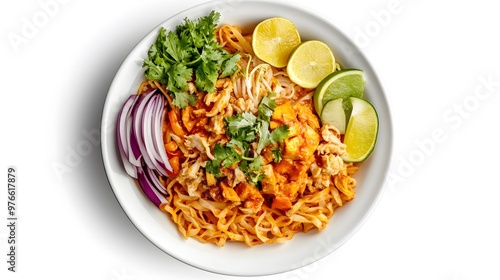 Delicious chicken pad thai with lime, cilantro, and red onion garnish