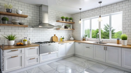 A sleek and sophisticated atmosphere is created with bright white ceramic kitchen tiles featuring prominent grout