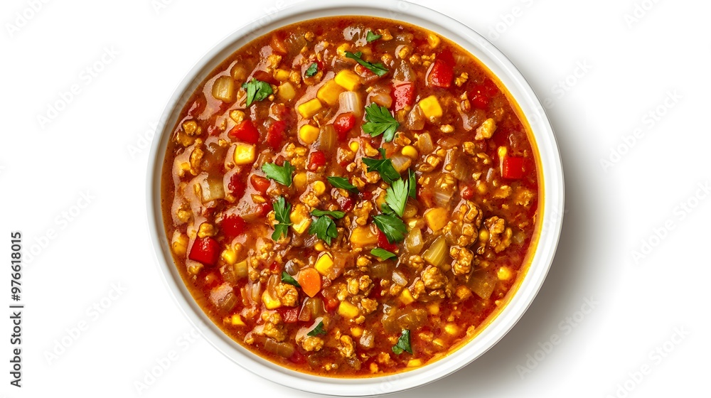 Hearty bowl of spicy beef and vegetable soup with corn and peppers Hearty bowl of spicy beef and vegetable soup with corn and peppers