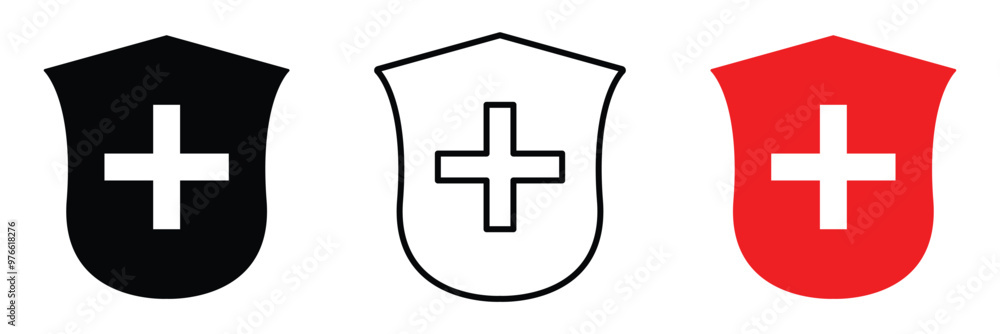 Obraz premium Health shield icons. Health protection symbols. Safety medicine. Immune system icon. Medical cross in the shield. Vector illustration in eps 10.